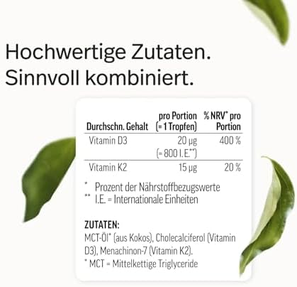 edubily® Vitamin D3 K2 - Vitamin D aus hochwertigem Cholecalciferol - Vitamin K2-MK7 in der All-trans-Form - Gelöst in MCT Öl auf Kokosnussbasis - Laborgeprüft (30 ml)