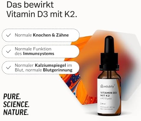 edubily® Vitamin D3 K2 - Vitamin D aus hochwertigem Cholecalciferol - Vitamin K2-MK7 in der All-trans-Form - Gelöst in MCT Öl auf Kokosnussbasis - Laborgeprüft (30 ml)