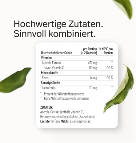 edubily® Eisen mit Lactoferrin - Eisentabletten mit Lactoferrin & Vitamin C aus Acerola-Extrakt - Kleine, leicht zu schluckende Kapseln (90 Kapseln)