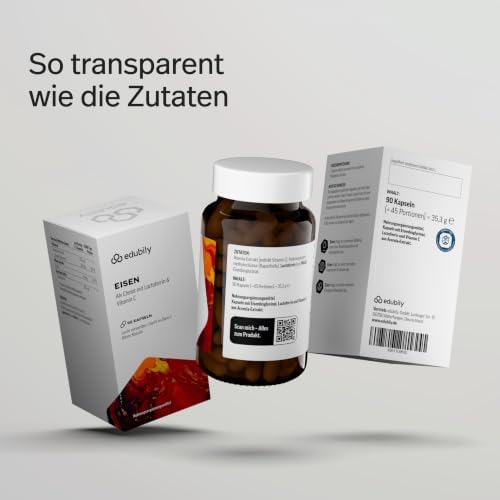 edubily® Eisen mit Lactoferrin - Eisentabletten mit Lactoferrin & Vitamin C aus Acerola-Extrakt - Kleine, leicht zu schluckende Kapseln (90 Kapseln)