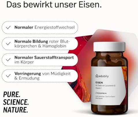 edubily® Eisen mit Lactoferrin - Eisentabletten mit Lactoferrin & Vitamin C aus Acerola-Extrakt - Kleine, leicht zu schluckende Kapseln (90 Kapseln)