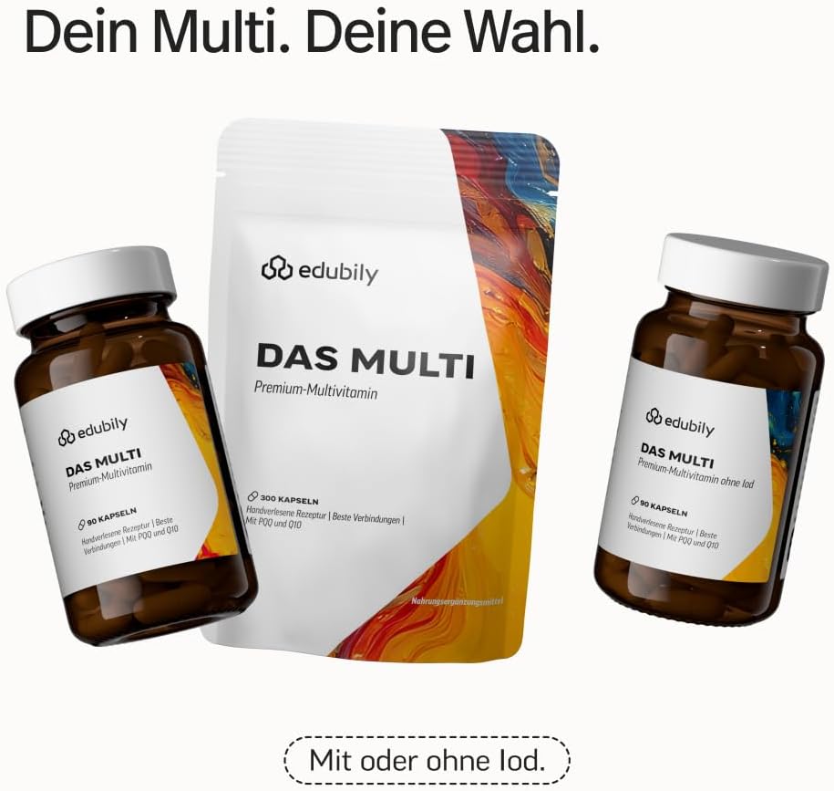 edubily® Das Multi - Multivitamin Kapseln als umfassende Mikronährstoff-Basis - mit 20 Mikronährstoffen, PQQ & Q10 - ohne unnötige Zusätze - 1 Kapsel täglich (90 Kapseln mit Iod)