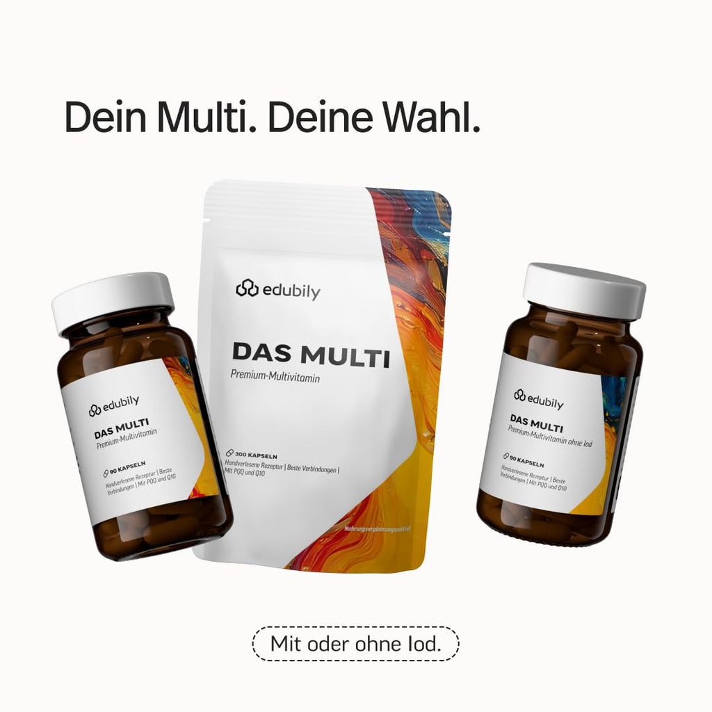 edubily® Das Multi - Multivitamin Kapseln als umfassende Mikronährstoff-Basis - mit 20 Mikronährstoffen, PQQ & Q10 - ohne unnötige Zusätze - 1 Kapsel täglich (90 Kapseln mit Iod)