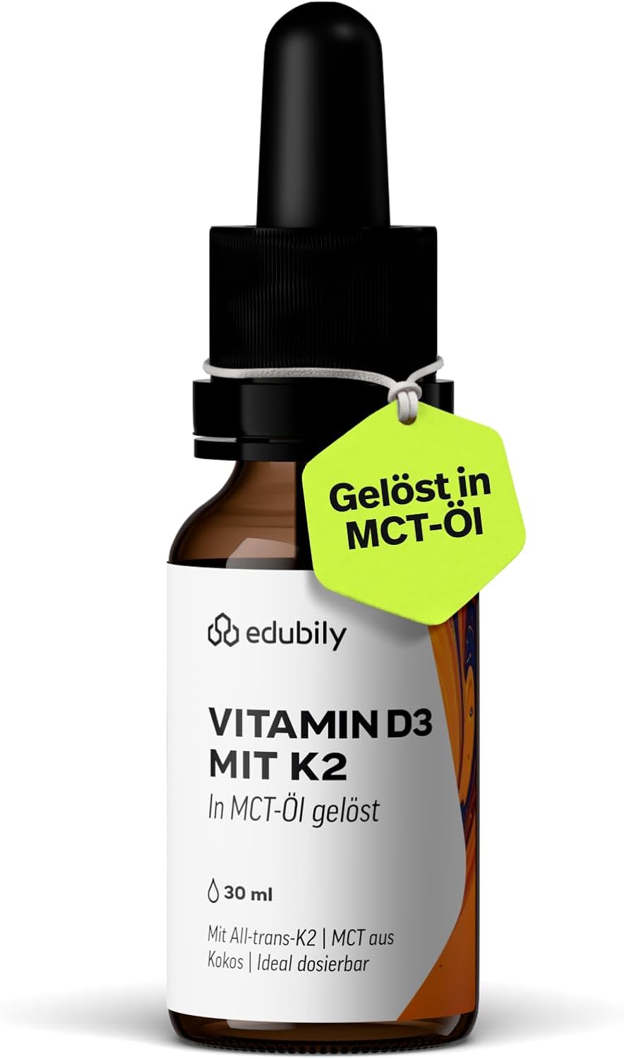 edubily® Vitamin D3 K2 - Vitamin D aus hochwertigem Cholecalciferol - Vitamin K2-MK7 in der All-trans-Form - Gelöst in MCT Öl auf Kokosnussbasis - Laborgeprüft (30 ml)