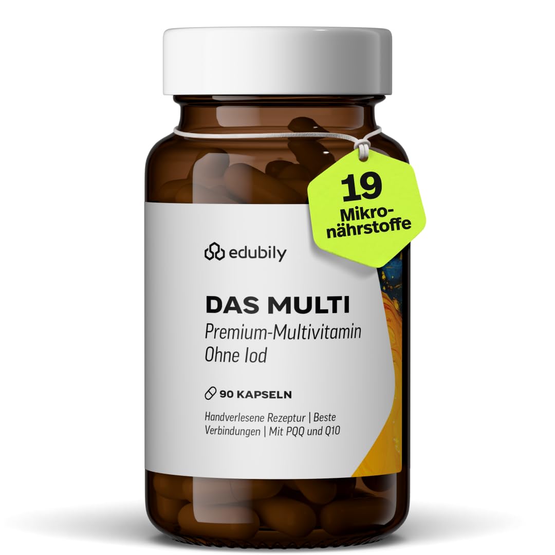 edubily® Das Multi - Multivitamin Kapseln als umfassende Mikronährstoff-Basis - mit 20 Mikronährstoffen, PQQ & Q10 - ohne unnötige Zusätze - 1 Kapsel täglich (90 Kapseln mit Iod)