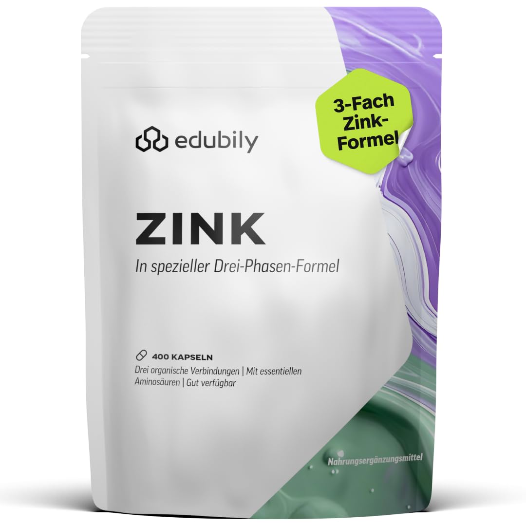 edubily® Zink - Zink Komplex mit 3-Fach Formel aus Zinkglycinat, Zinkcitrat und Zinkglukonat - Mit essentiellen Aminosäuren (90 Kapseln)