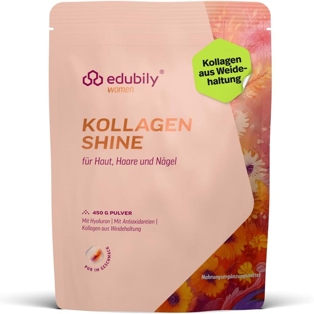edubily® Kollagen Shine Drink – Beauty-Drink mit Kollagen Hydrolysat aus Weidehaltung, Hyaluronsäure, Vitamin E, Q10 & Biotin (450 g, Pur)