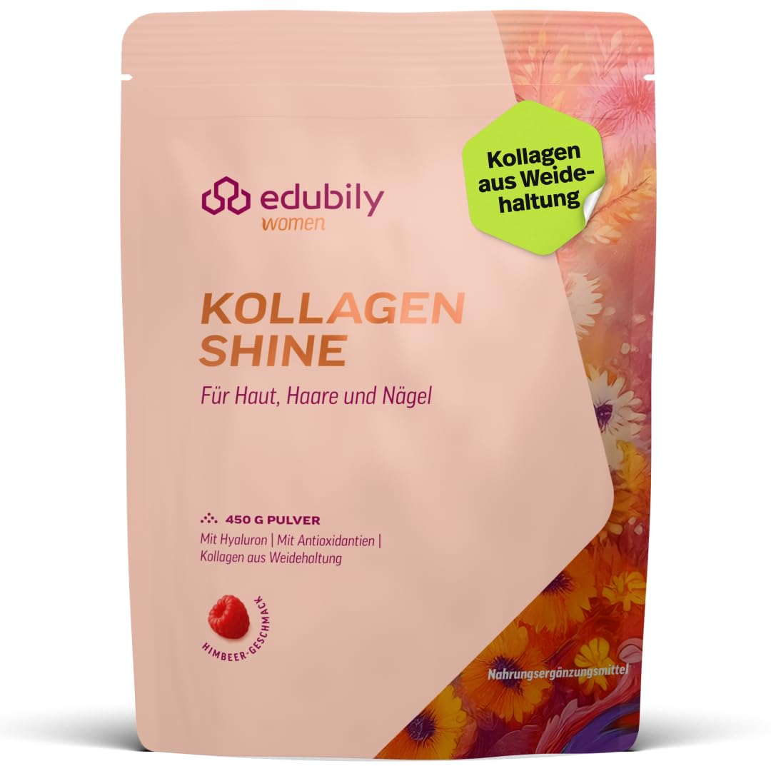 edubily® Kollagen Shine Drink – Beauty-Drink mit Kollagen Hydrolysat aus Weidehaltung, Hyaluronsäure, Vitamin E, Q10 & Biotin (450 g, Pur)