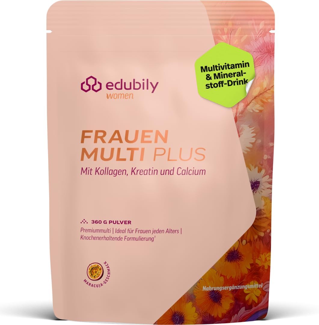 edubily® Frauen Multi Plus – Multivitamin & Mineralstoff-Drink für Frauen - Mit Calcium, Magnesium, Zink, Vitamin D & B-Vitaminen, Kreatin, Q10 & Kollagen - Zuckerfrei (360 g, Maracuja)