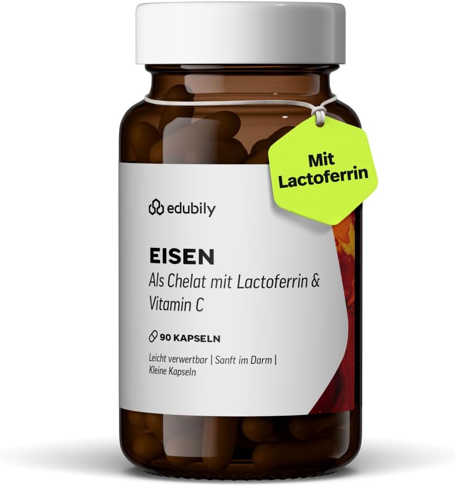 edubily® Eisen mit Lactoferrin - Eisentabletten mit Lactoferrin & Vitamin C aus Acerola-Extrakt - Kleine, leicht zu schluckende Kapseln (90 Kapseln)