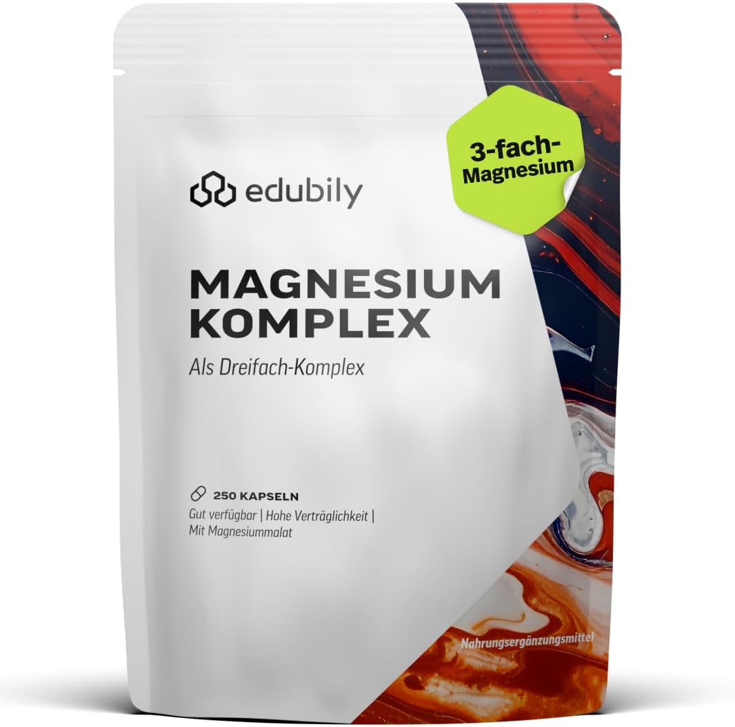 edubily® Magnesium Komplex Kapseln - Magnesiummischung aus Magnesiumbisglycinat, Magnesiummalat und Magnesiumcitrat - Ohne Magnesiumstearat - (250 Kapseln - Neue Rezeptur)