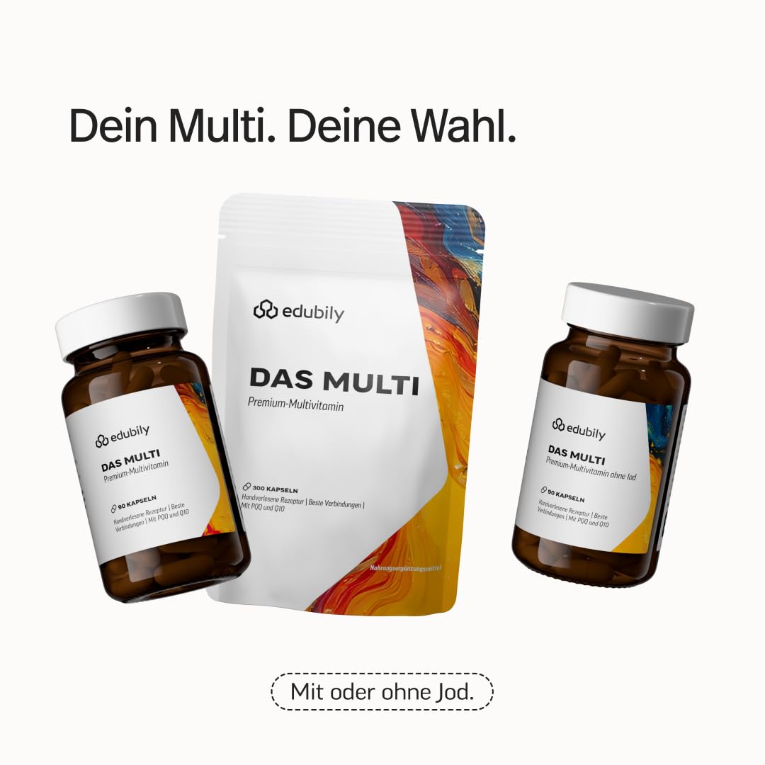 edubily® Das Multi - Multivitamin Kapseln als umfassende Mikronährstoff-Basis - mit 20 Mikronährstoffen, PQQ & Q10 - ohne unnötige Zusätze - 1 Kapsel täglich (90 Kapseln mit Iod)