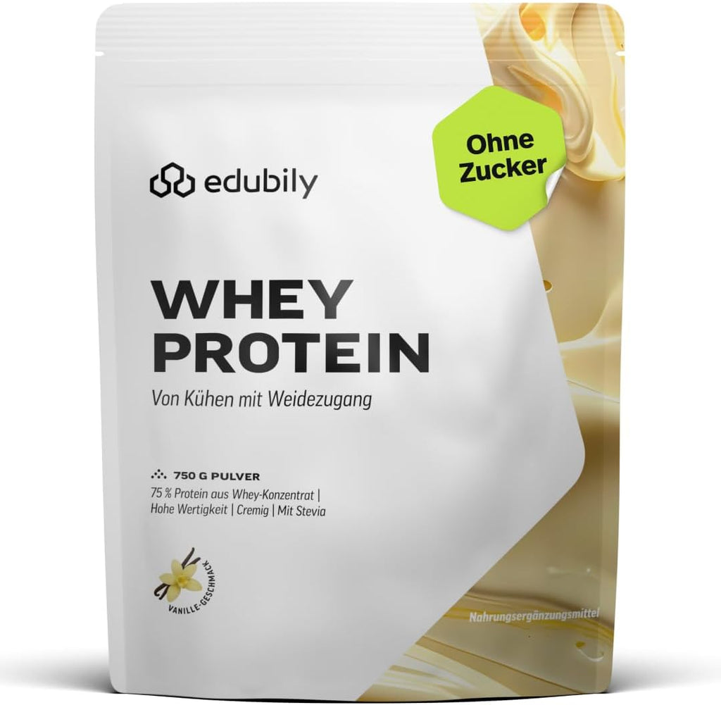 edubily® Whey Protein Konzentrat - Aus Milch von Kühen mit Weidezugang - Ohne Zucker & mit Stevia gesüßt - Optimale Löslichkeit - Made in Germany (750 g, Vanille)