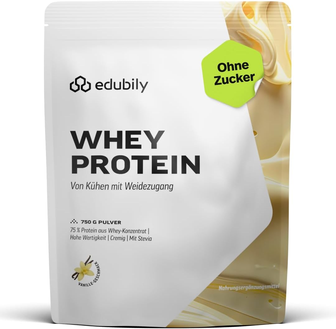 edubily® Whey Protein Konzentrat - Aus Milch von Kühen mit Weidezugang - Ohne Zucker & mit Stevia gesüßt - Optimale Löslichkeit - Made in Germany (750 g, Vanille)