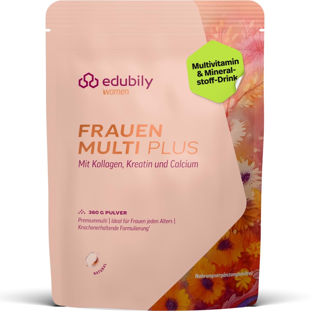 edubily® Frauen Multi Plus – Multivitamin & Mineralstoff-Drink für Frauen - Mit Calcium, Magnesium, Zink, Vitamin D & B-Vitaminen, Kreatin, Q10 & Kollagen - Zuckerfrei (360 g, Maracuja)