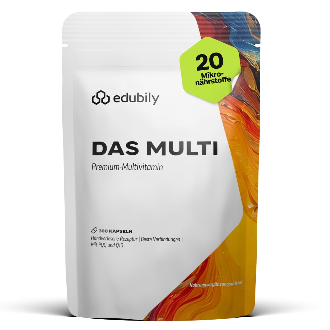 edubily® Das Multi - Multivitamin Kapseln als umfassende Mikronährstoff-Basis - mit 20 Mikronährstoffen, PQQ & Q10 - ohne unnötige Zusätze - 1 Kapsel täglich (90 Kapseln mit Iod)