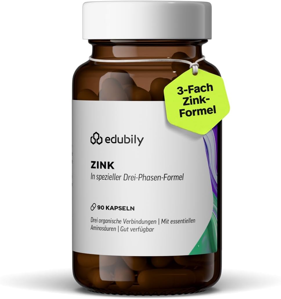 edubily® Zink - Zink Komplex mit 3-Fach Formel aus Zinkglycinat, Zinkcitrat und Zinkglukonat - Mit essentiellen Aminosäuren (90 Kapseln)