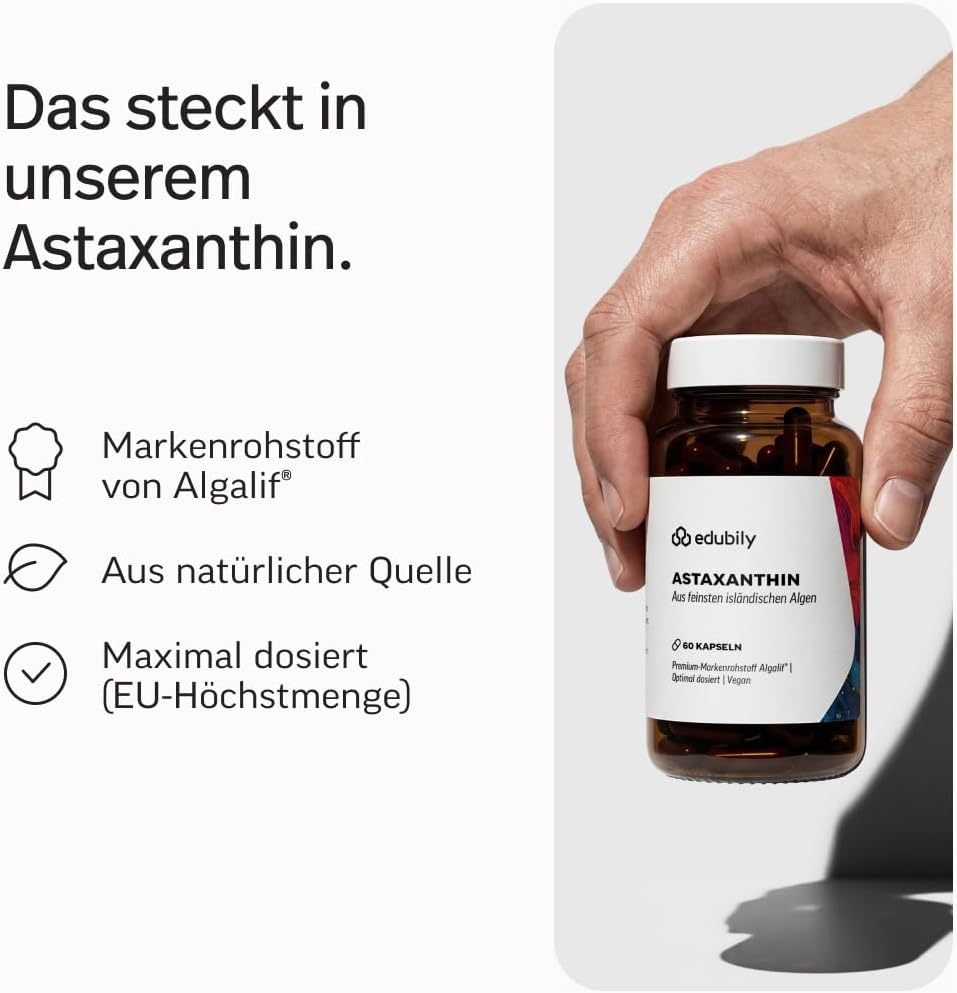 edubily nutrition® Astaxanthin - 8 mg pro Kapsel - Premium Markenrohstoff von Algalif aus isländischen Algen (Haematococcus Pluvialis) - Vegan - Laborgeprüft (60 Kapseln)
