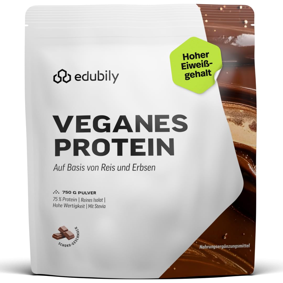 edubily® Veganes Proteinpulver - Mit Reisprotein und Erbsenprotein - Hoher Eiweißgehalt - Ohne Zucker • Mit Stevia • Laborgeprüftes Eiweißpulver (750 g, Erdbeere)