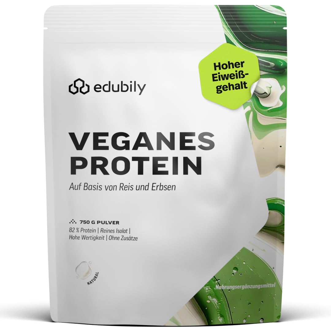 edubily® Veganes Proteinpulver - Mit Reisprotein und Erbsenprotein - Hoher Eiweißgehalt - Ohne Zucker • Mit Stevia • Laborgeprüftes Eiweißpulver (750 g, Erdbeere)