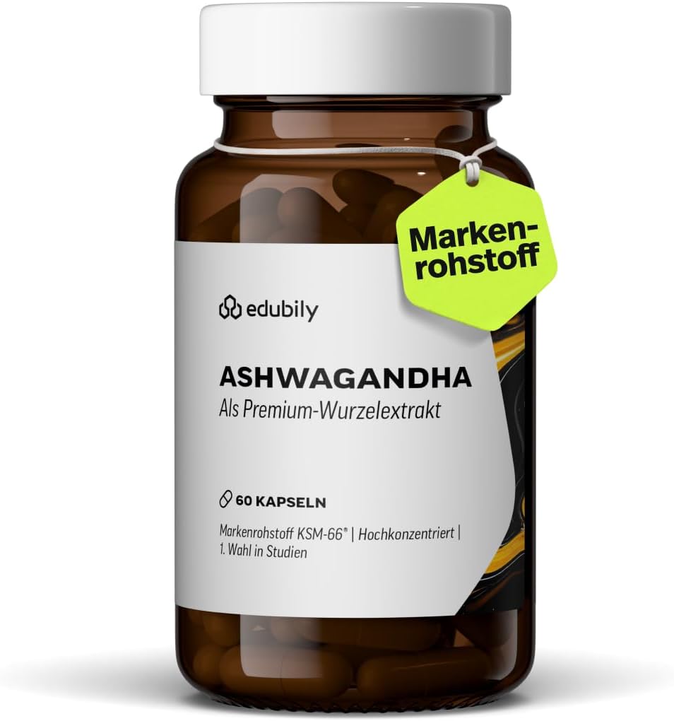 edubily® Ashwagandha-Extrakt - Mit 500 mg Extrakt pro Kapsel - Markenrohstoff KSM-66® mit 25 mg Withanoliden (60 Kapseln)
