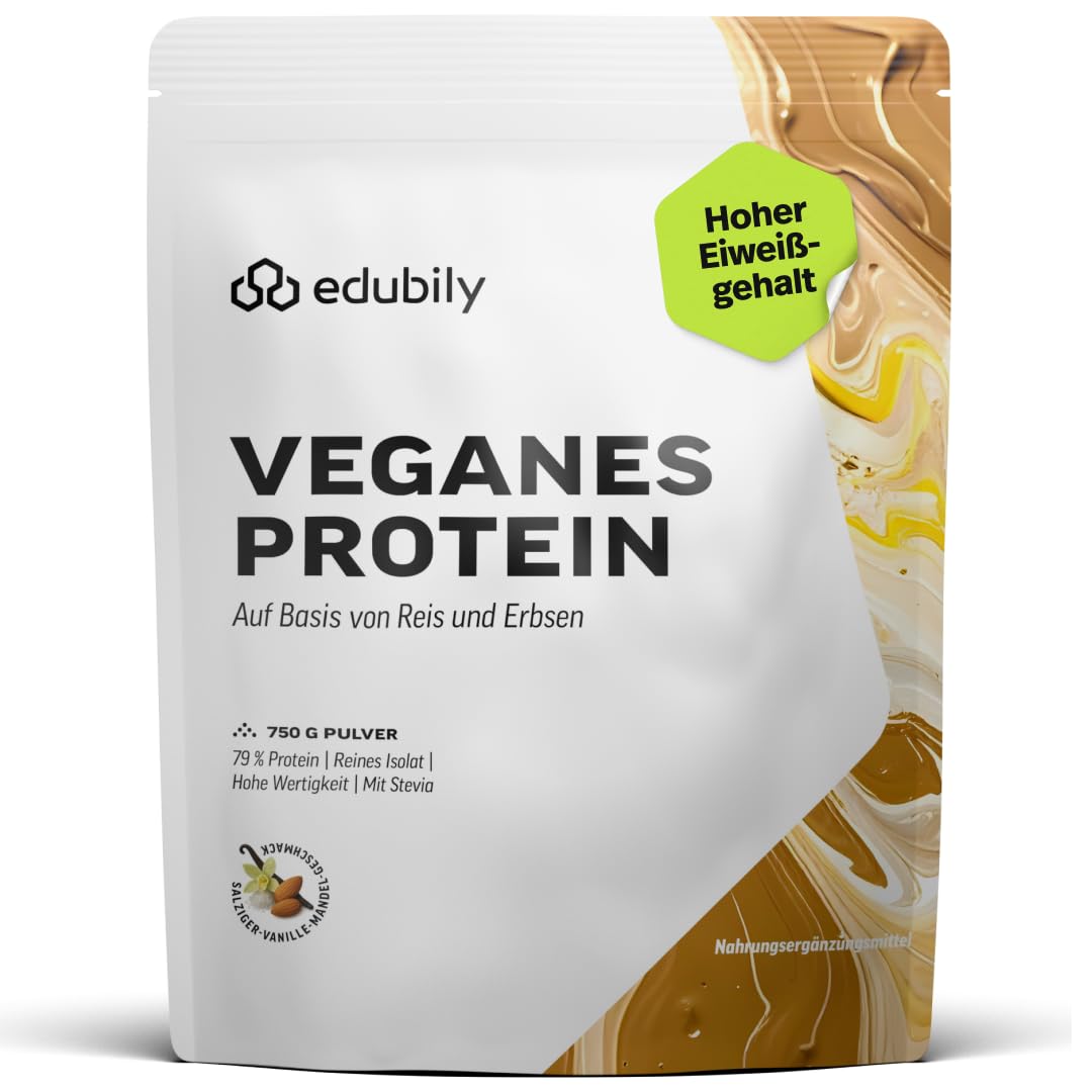 edubily® Veganes Proteinpulver - Mit Reisprotein und Erbsenprotein - Hoher Eiweißgehalt - Ohne Zucker • Mit Stevia • Laborgeprüftes Eiweißpulver (750 g, Erdbeere)