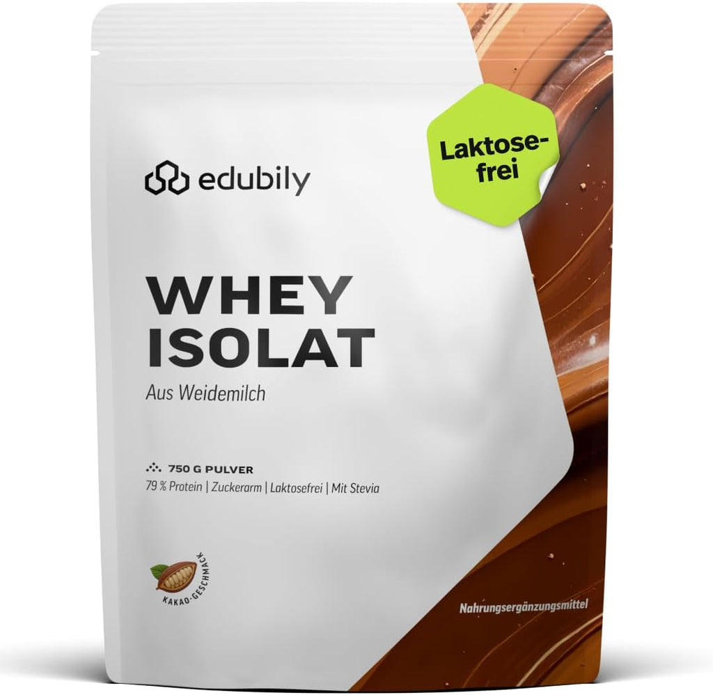 edubily® Whey Protein Isolat - Laktosefrei - Sehr gut lösliches Eiweißpulver ohne Kohlenhydrate & Zucker - Aus irischer Weidehaltung (750 g, Kakao mit Stevia)