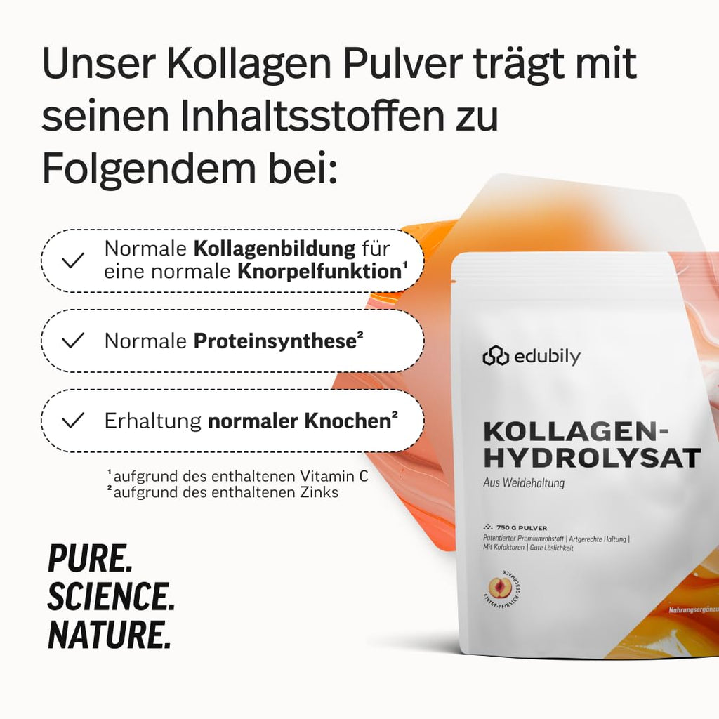 edubily® Kollagen-Hydrolysat - Kollagen Pulver als hochwertige Proteinergänzung im Alltag - aus Weidehaltung, Vitamin C, Zink, Kupfer, Mangan & Kieselsäure - 1 Portion täglich (750 g, ohne Geschmack)