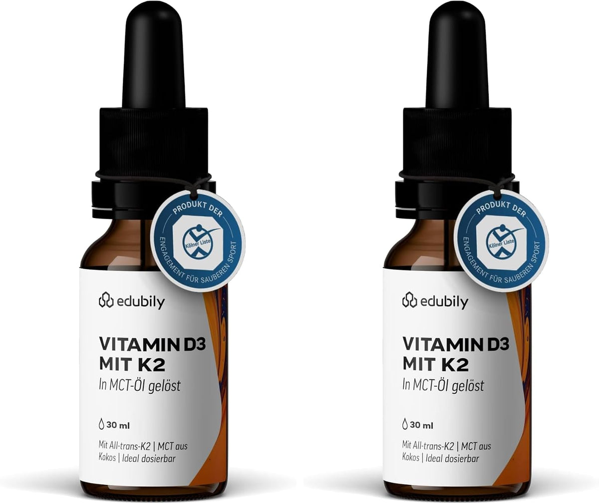edubily® Vitamin D3 K2 - Vitamin D aus hochwertigem Cholecalciferol - Vitamin K2-MK7 in der All-trans-Form - Gelöst in MCT Öl auf Kokosnussbasis - Laborgeprüft (30 ml)