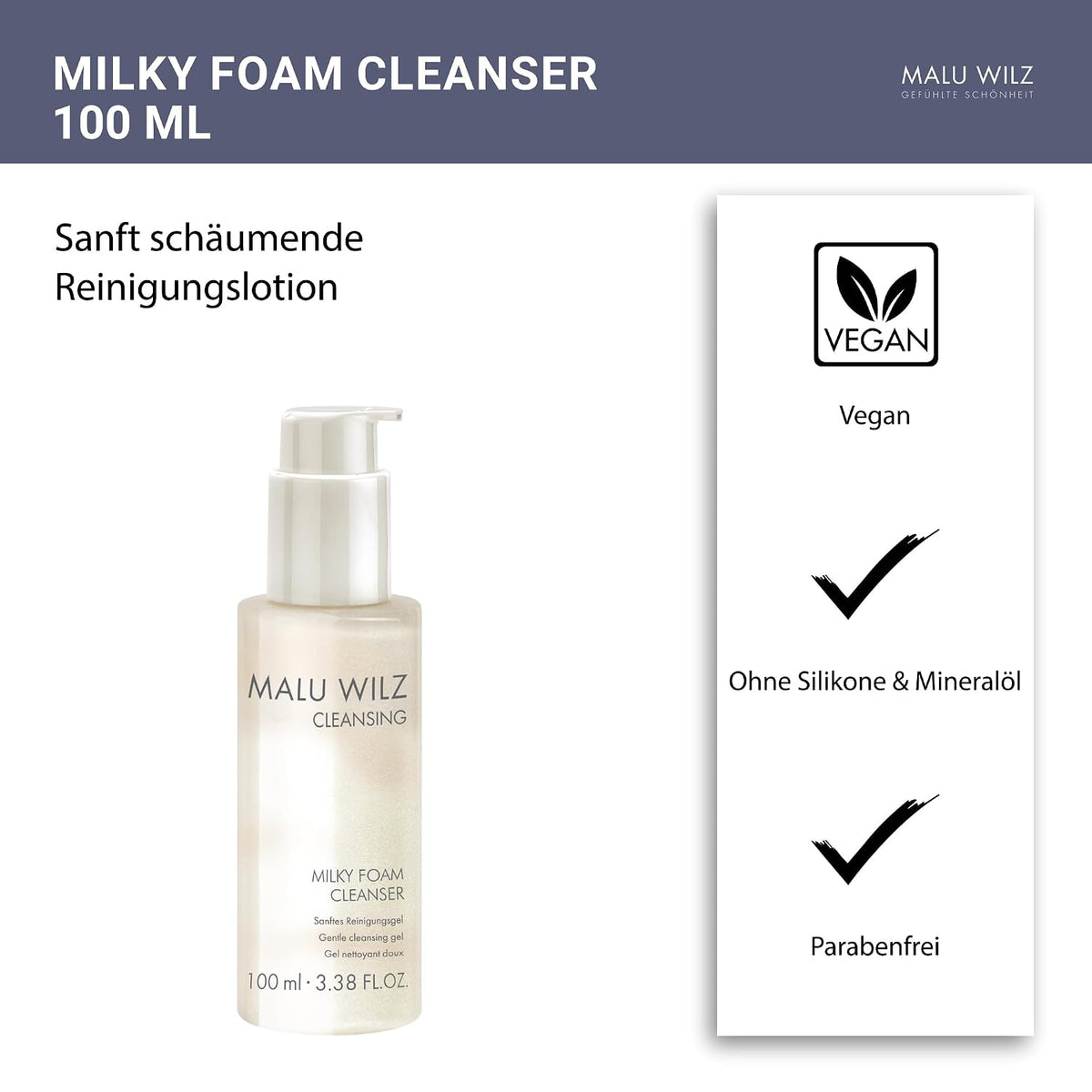 Malu Wilz Milky Foam Cleanser 100ml I Skincare Reinigungslotion für sanfte Gesichtsreinigung I Gesichtsreiniger mit Provitamin B5 für geschmeidige Haut I Vegan