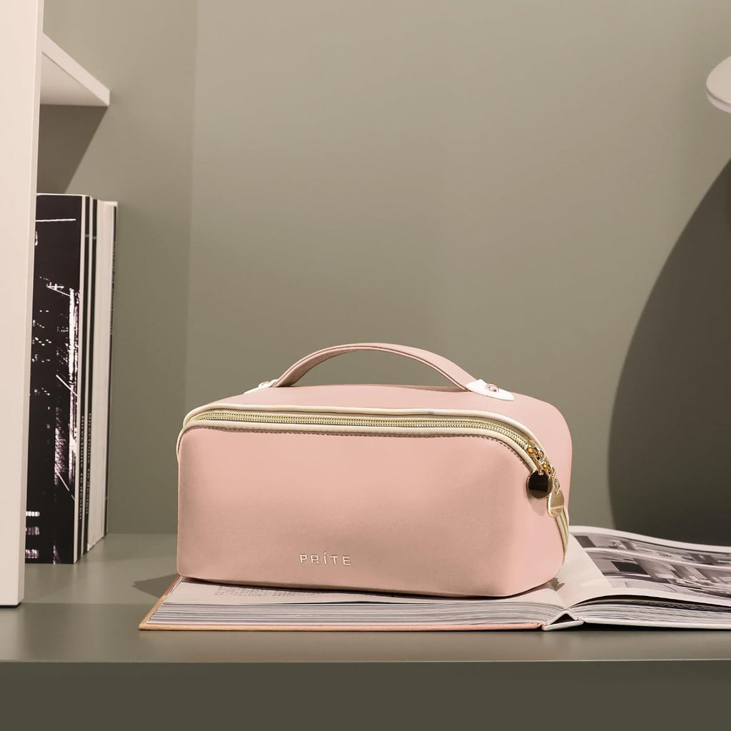Prite Kosmetiktasche Reise Make Up Tasche mit Pinsel-Fächer, Beige, L