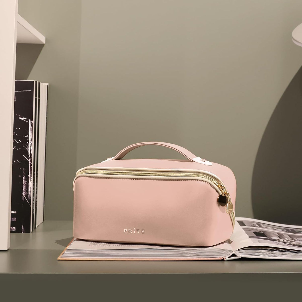 Prite Kosmetiktasche Reise Make Up Tasche mit Pinsel-Fächer, Beige, L