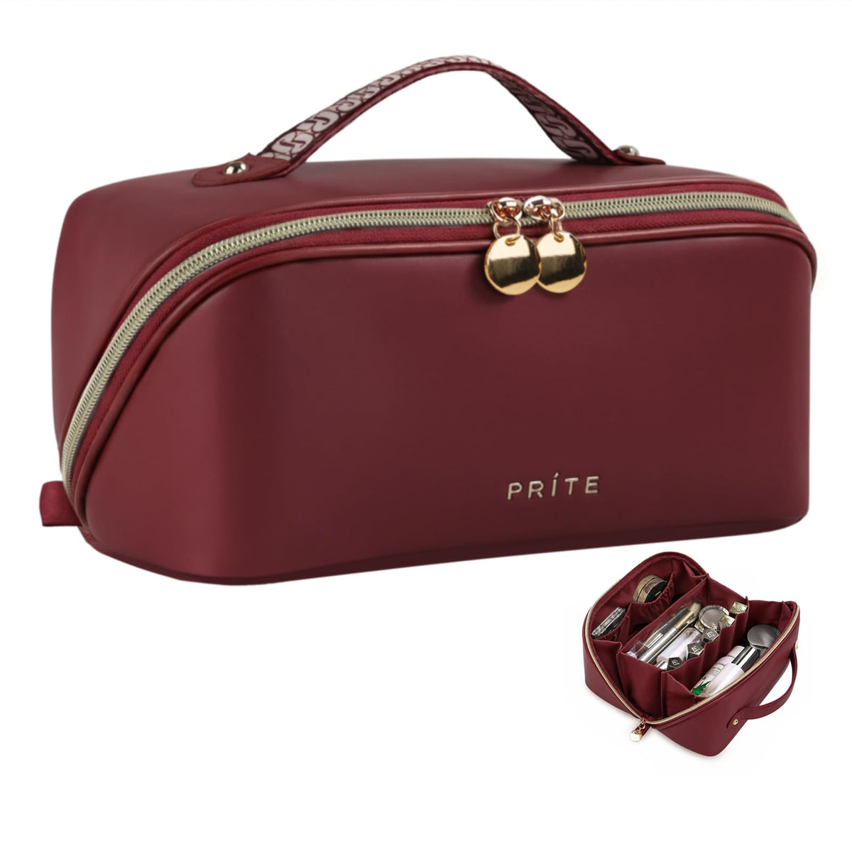 Prite Kosmetiktasche Reise Make Up Tasche mit Pinsel-Fächer, Beige, L