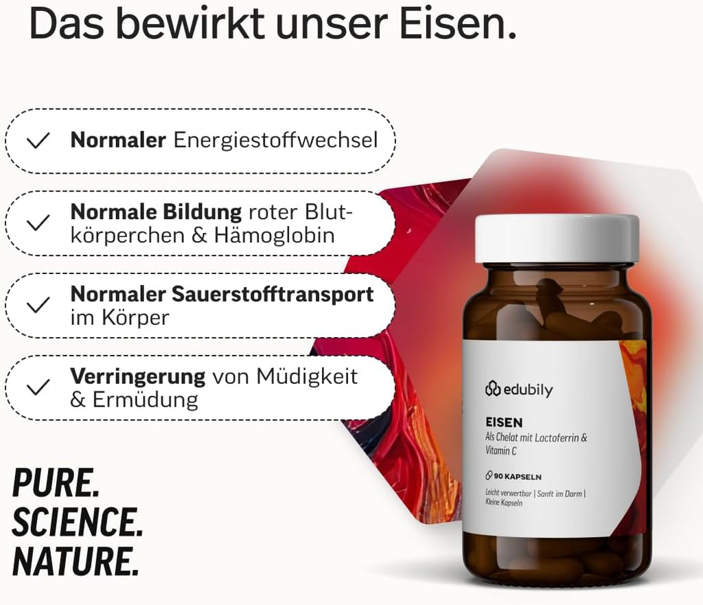 edubily® Eisen mit Lactoferrin - Eisentabletten mit Lactoferrin & Vitamin C aus Acerola-Extrakt - Kleine, leicht zu schluckende Kapseln (90 Kapseln)