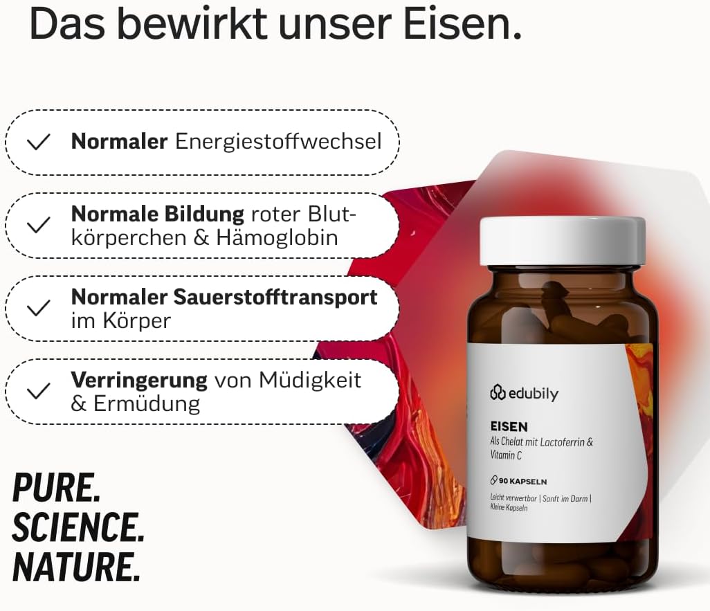 edubily® Eisen mit Lactoferrin - Eisentabletten mit Lactoferrin & Vitamin C aus Acerola-Extrakt - Kleine, leicht zu schluckende Kapseln (90 Kapseln)