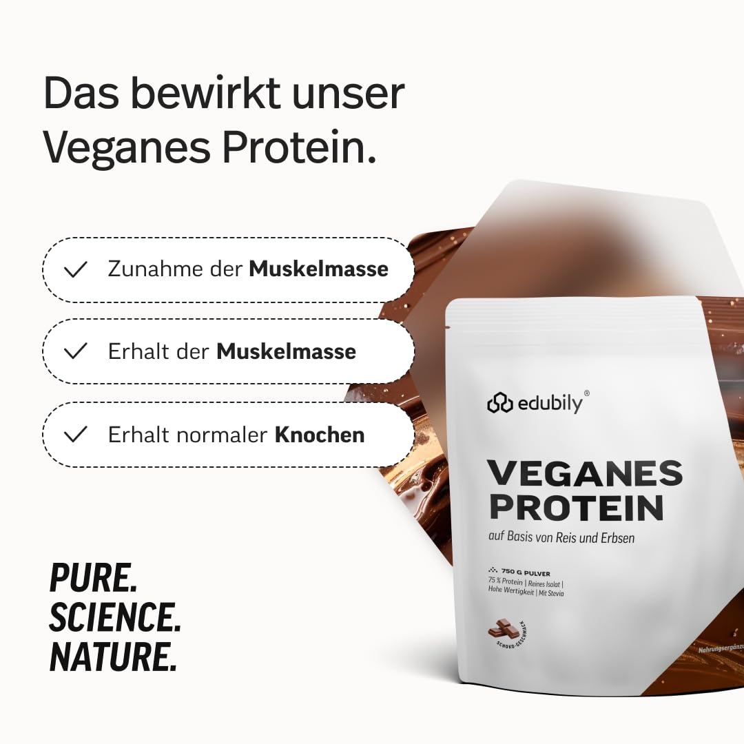 edubily® Veganes Proteinpulver - Mit Reisprotein und Erbsenprotein - Hoher Eiweißgehalt - Ohne Zucker • Mit Stevia • Laborgeprüftes Eiweißpulver (750 g, Erdbeere)