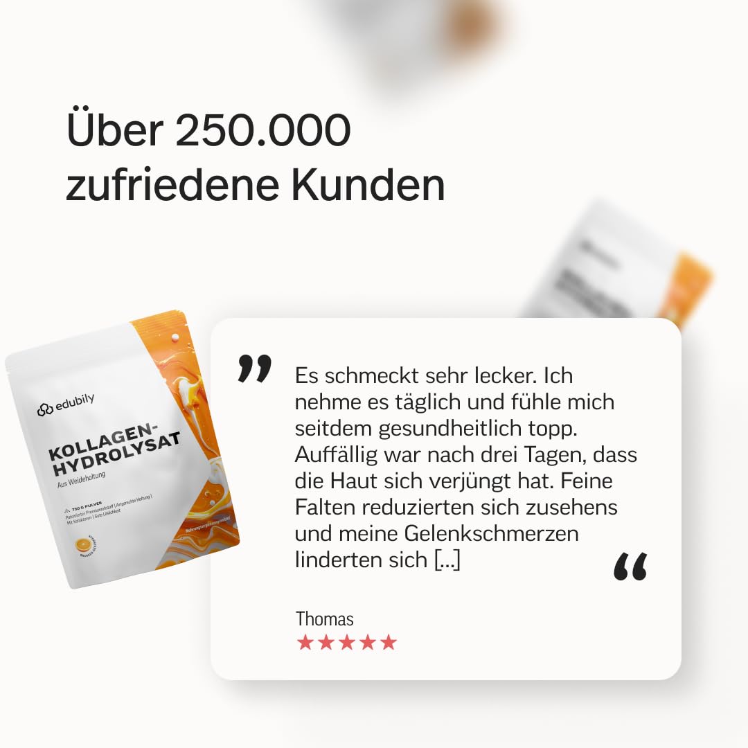 edubily® Kollagen-Hydrolysat - Kollagen Pulver als hochwertige Proteinergänzung im Alltag - aus Weidehaltung, Vitamin C, Zink, Kupfer, Mangan & Kieselsäure - 1 Portion täglich (750 g, ohne Geschmack)