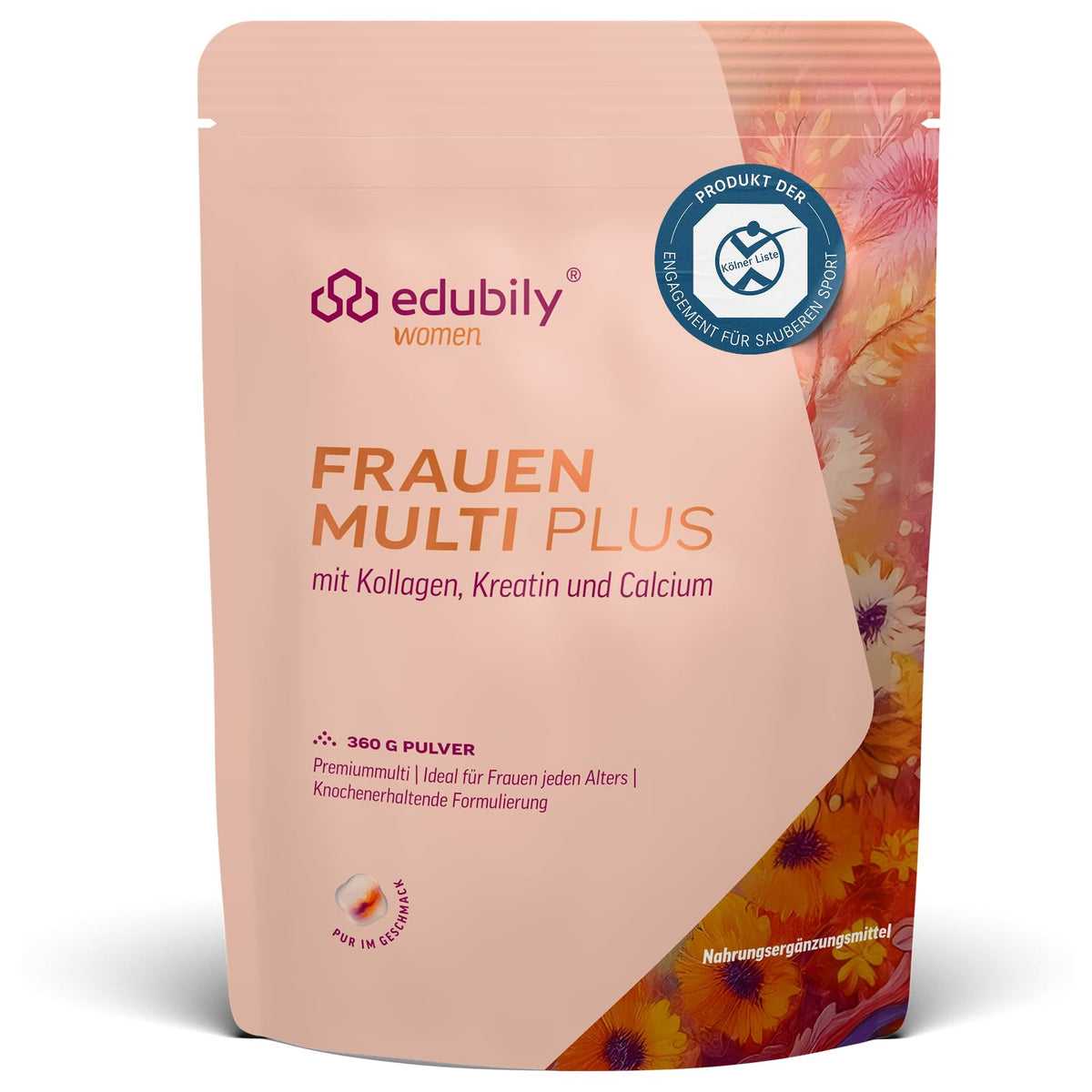 edubily® Frauen Multi Plus – Multivitamin & Mineralstoff-Drink für Frauen - Mit Calcium, Magnesium, Zink, Vitamin D & B-Vitaminen, Kreatin, Q10 & Kollagen - Zuckerfrei (360 g, Maracuja)