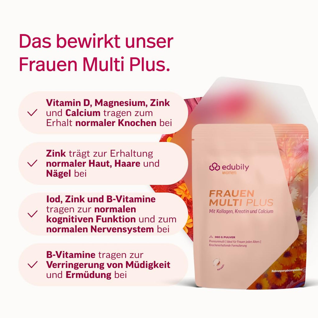 edubily® Frauen Multi Plus – Multivitamin & Mineralstoff-Drink für Frauen - Mit Calcium, Magnesium, Zink, Vitamin D & B-Vitaminen, Kreatin, Q10 & Kollagen - Zuckerfrei (360 g, Maracuja)