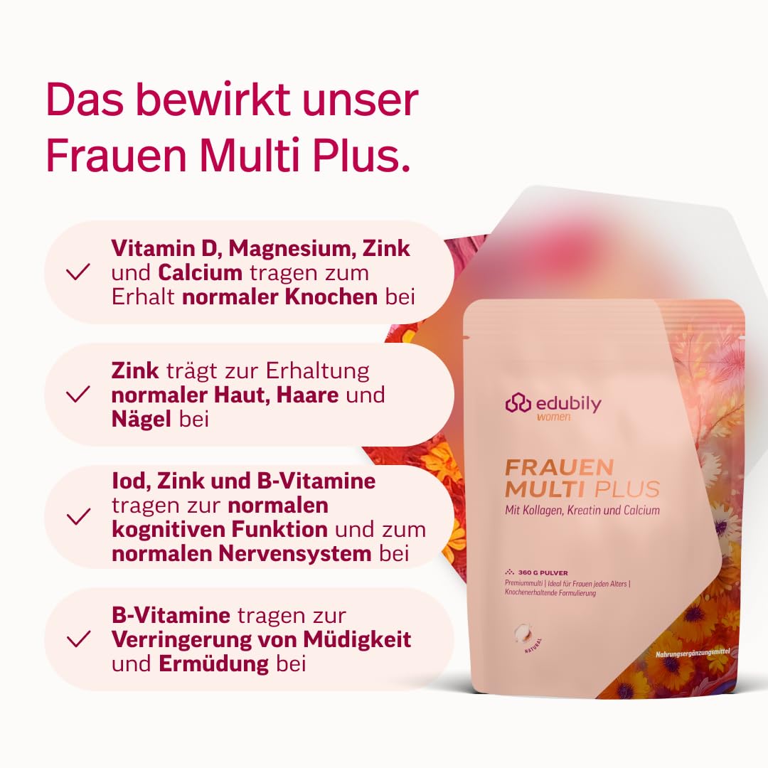 edubily® Frauen Multi Plus – Multivitamin & Mineralstoff-Drink für Frauen - Mit Calcium, Magnesium, Zink, Vitamin D & B-Vitaminen, Kreatin, Q10 & Kollagen - Zuckerfrei (360 g, Maracuja)