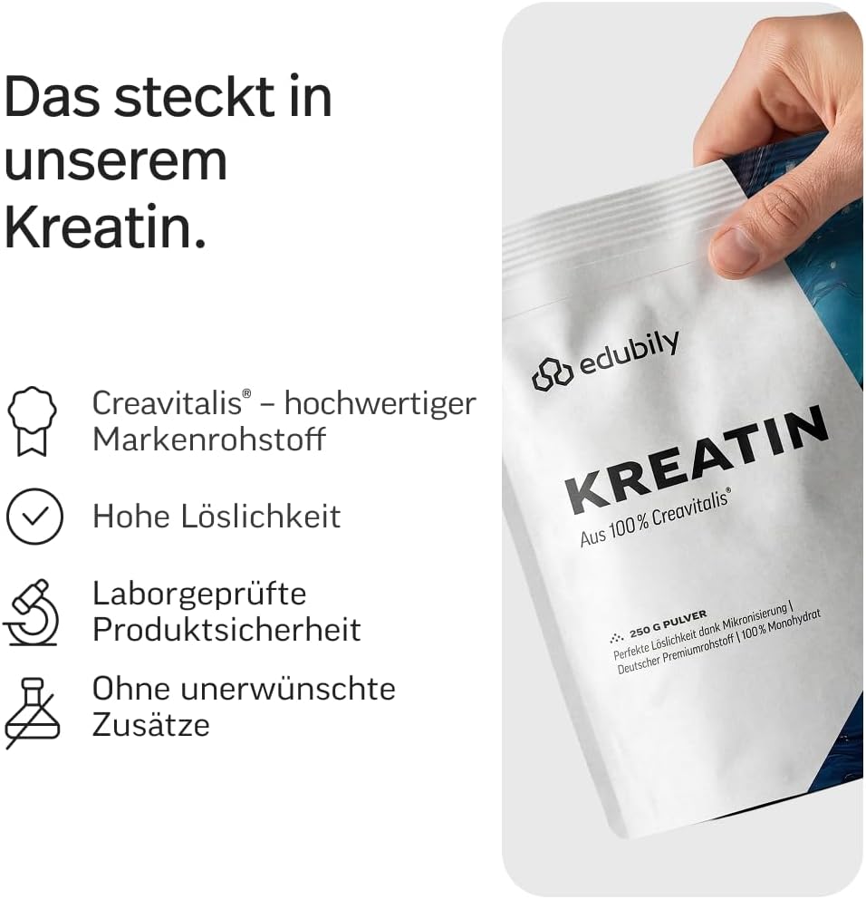 edubily® Creatin Monohydrat - Kreatin Pulver - 3 g Kreatin pro Portion aus mikronisiertem Creavitalis® - sehr gut löslich - deutscher Markenrohstoff (250 g, vegan)