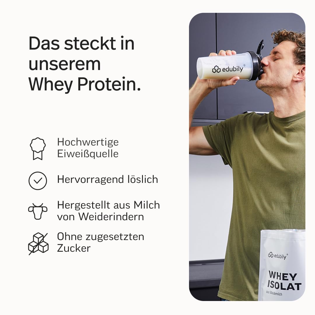 edubily® Whey Protein Konzentrat - Aus Milch von Kühen mit Weidezugang - Ohne Zucker & mit Stevia gesüßt - Optimale Löslichkeit - Made in Germany (750 g, Vanille)