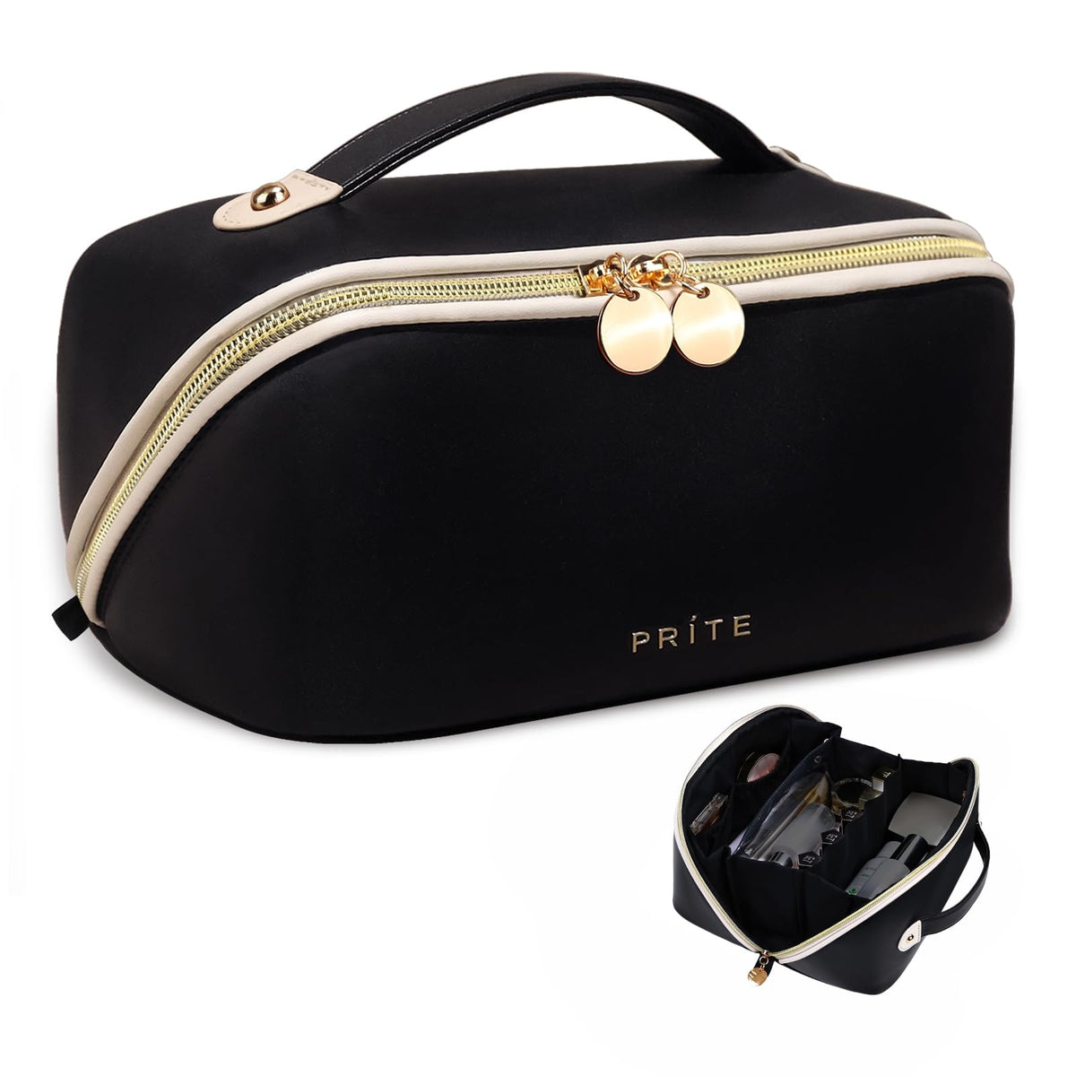 Prite Kosmetiktasche Reise Make Up Tasche mit Pinsel-Fächer, Beige, L