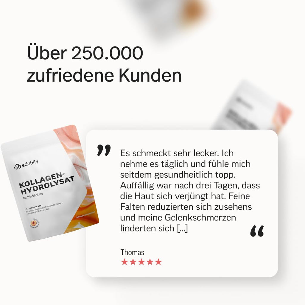 edubily® Kollagen-Hydrolysat - Kollagen Pulver als hochwertige Proteinergänzung im Alltag - aus Weidehaltung, Vitamin C, Zink, Kupfer, Mangan & Kieselsäure - 1 Portion täglich (750 g, ohne Geschmack)