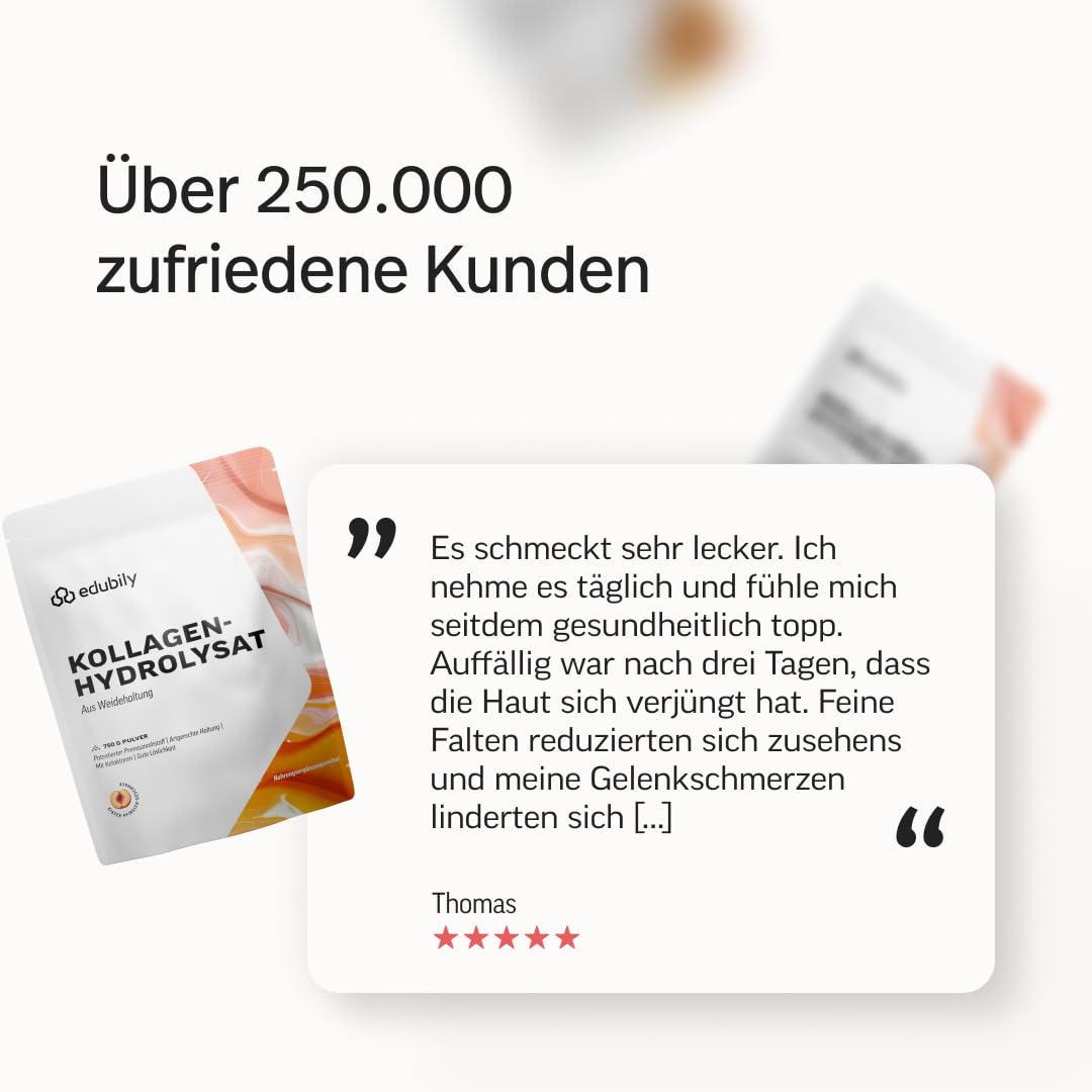 edubily® Kollagen-Hydrolysat - Kollagen Pulver als hochwertige Proteinergänzung im Alltag - aus Weidehaltung, Vitamin C, Zink, Kupfer, Mangan & Kieselsäure - 1 Portion täglich (750 g, ohne Geschmack)