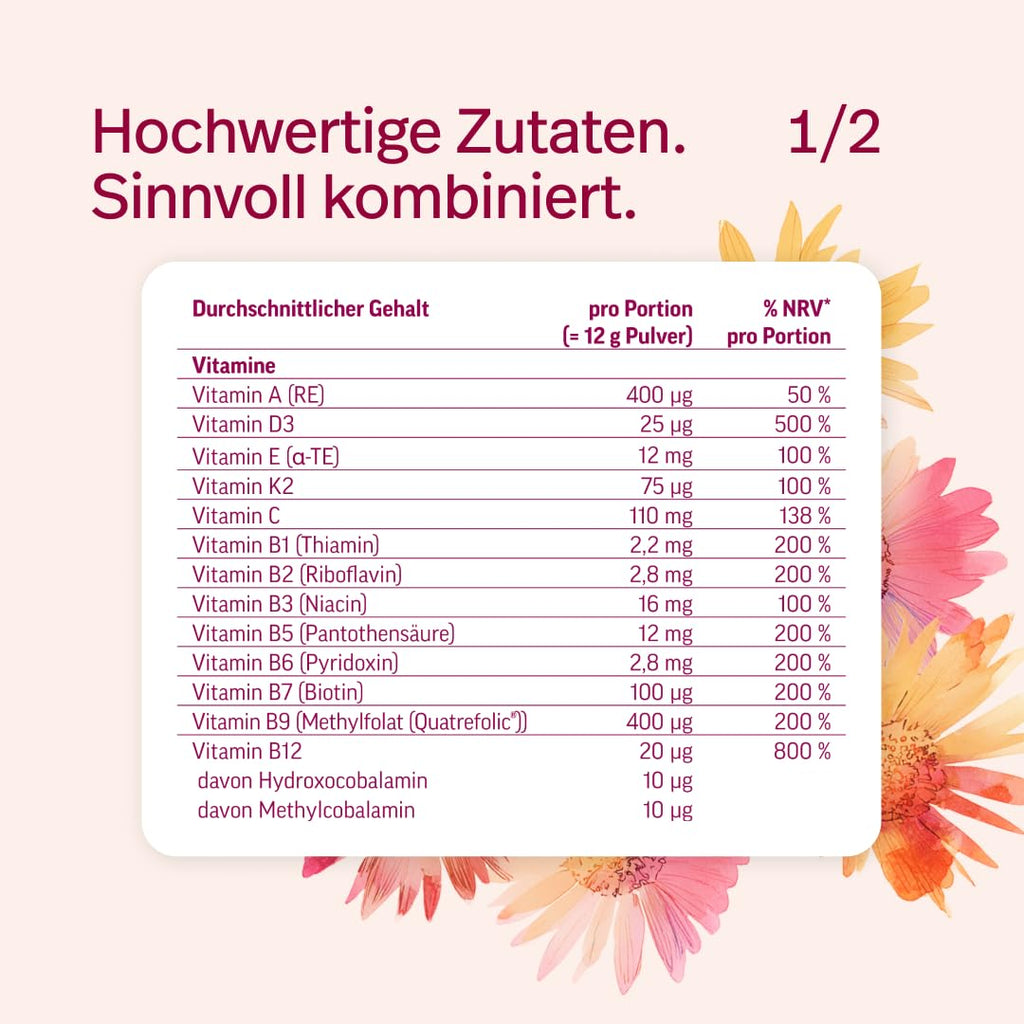 edubily® Frauen Multi Plus – Multivitamin & Mineralstoff-Drink für Frauen - Mit Calcium, Magnesium, Zink, Vitamin D & B-Vitaminen, Kreatin, Q10 & Kollagen - Zuckerfrei (360 g, Maracuja)