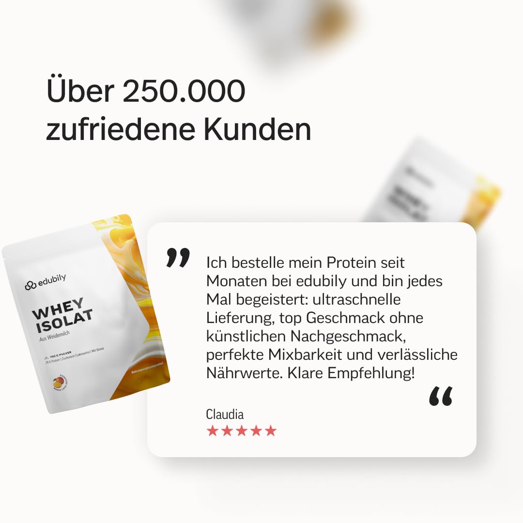 edubily® Whey Protein Isolat - Laktosefrei - Sehr gut lösliches Eiweißpulver ohne Kohlenhydrate & Zucker - Aus irischer Weidehaltung (750 g, Kakao mit Stevia)