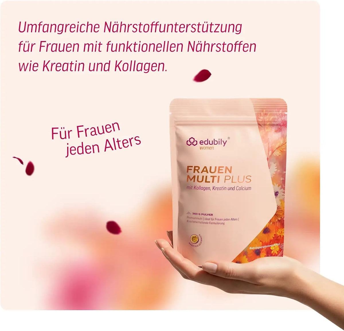 edubily® Frauen Multi Plus – Multivitamin & Mineralstoff-Drink für Frauen - Mit Calcium, Magnesium, Zink, Vitamin D & B-Vitaminen, Kreatin, Q10 & Kollagen - Zuckerfrei (360 g, Maracuja)