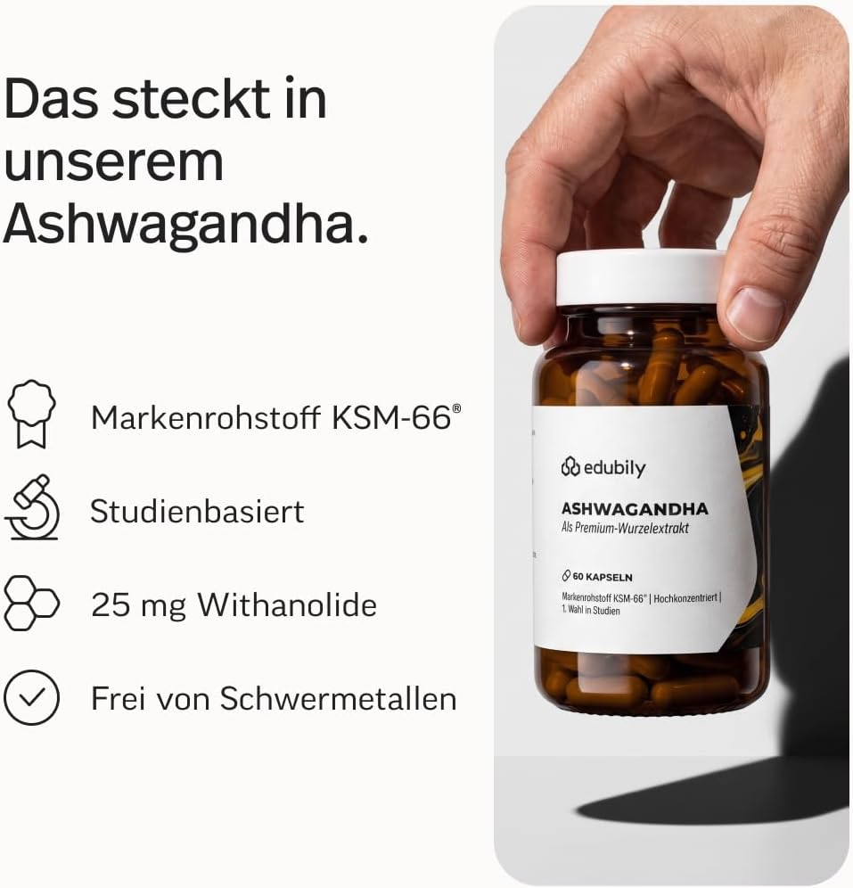 edubily® Ashwagandha-Extrakt - Mit 500 mg Extrakt pro Kapsel - Markenrohstoff KSM-66® mit 25 mg Withanoliden (60 Kapseln)