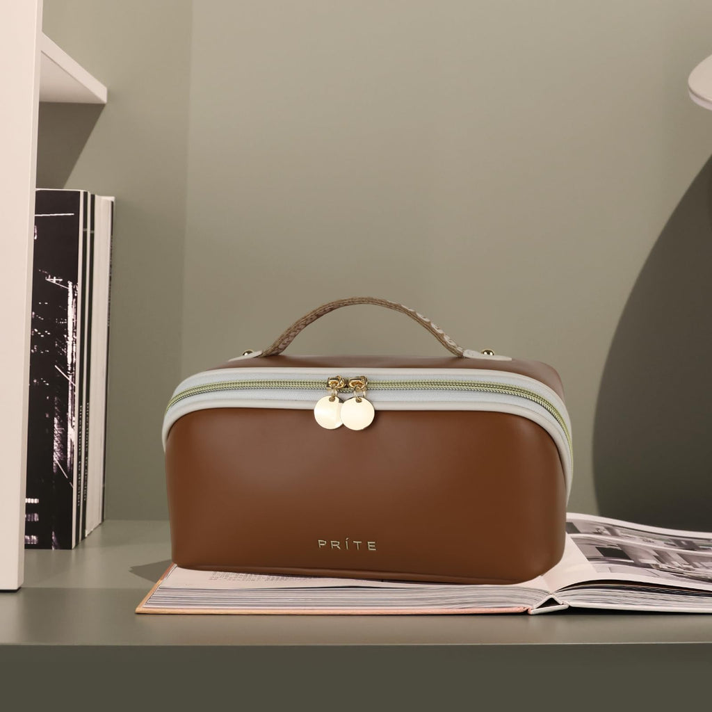 Prite Kosmetiktasche Reise Make Up Tasche mit Pinsel-Fächer, Beige, L